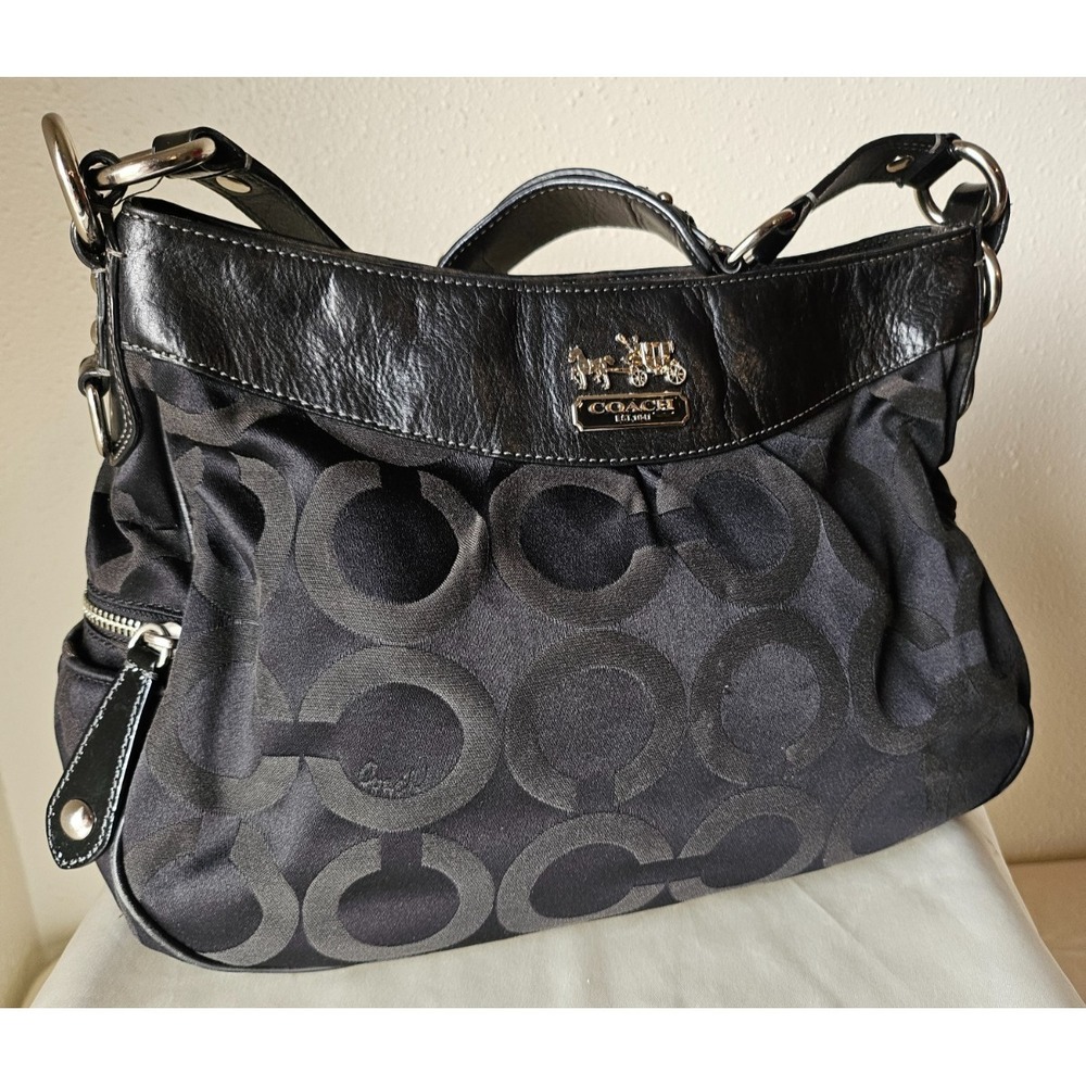 Coach Signature Black Shoulder Bag w/ Horse & Carriage Plaque – Style 13252